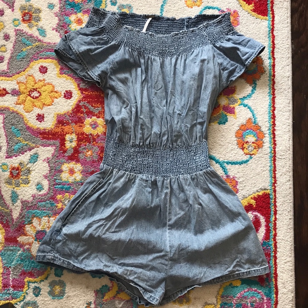Free people off the shoulder jean romper
